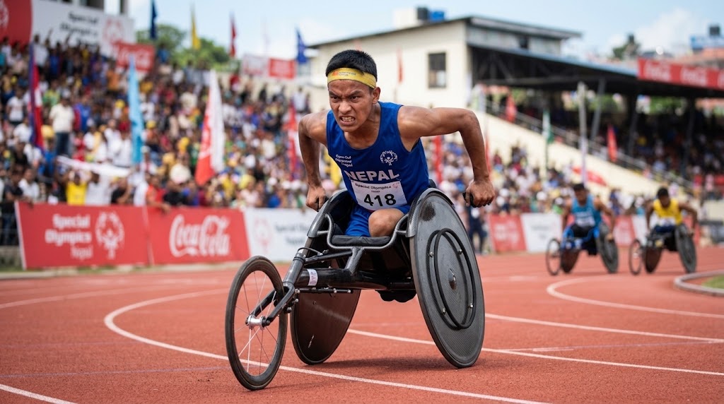 Nepali Special Olympics wheelchair athlete competing with determination on the track